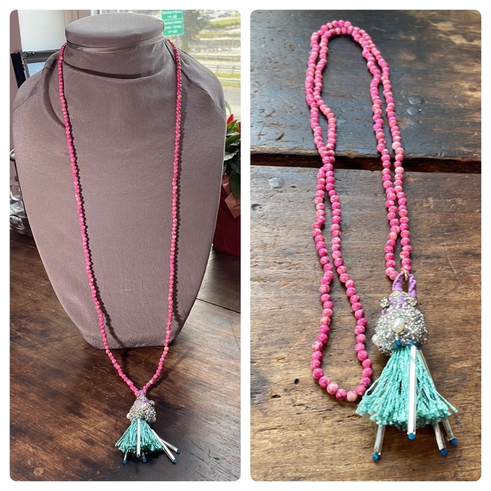 BEAD & TASSEL Vintage & New Longline Necklace, Pink & Aqua w/ Diamonds